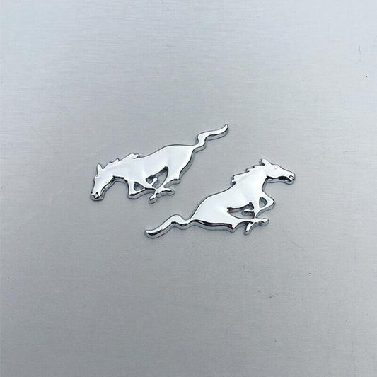 2PC Silver Metal Side Fender Running Horse Emblem Sticker Decor For Ford Mustang